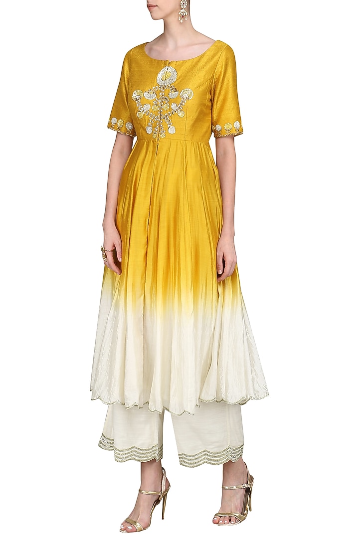 Yellow and ivory front open kurta with palazzo pants available only at Pernia's Pop Up Shop.