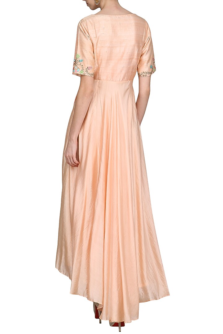 Peach high low embroidered kurta with pink palazzo pants available only at Pernia's Pop Up Shop.