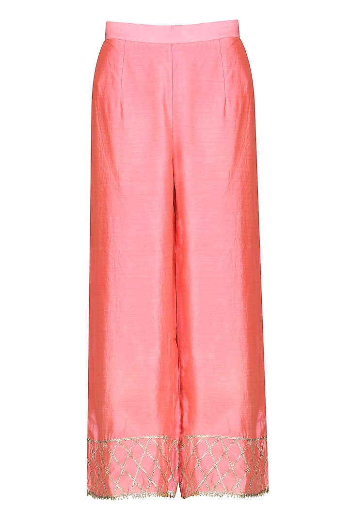 Peach high low embroidered kurta with pink palazzo pants available only at Pernia's Pop Up Shop.