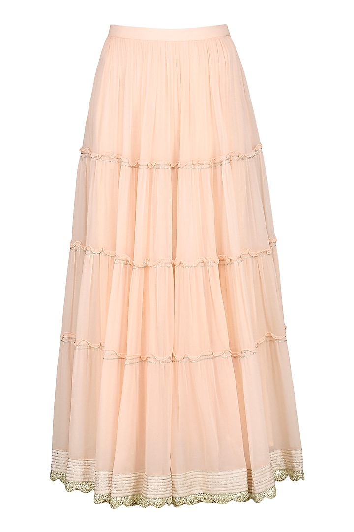 Peach lucknowi embroidered kurta with skirt and dupatta available only at Pernia's Pop Up Shop.