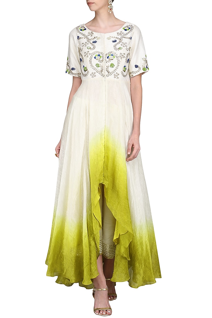 Ivory and green embroidered kurta with palazzo pants available only at Pernia's Pop Up Shop.