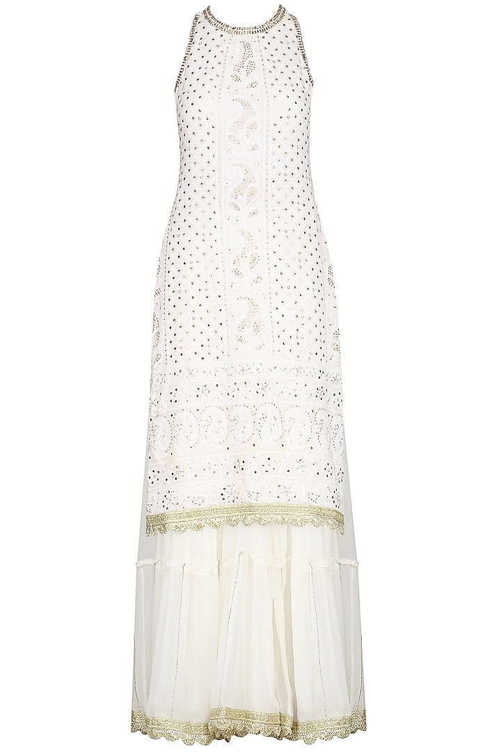Ivory lucknowi embroidered kurta with skirt and dupatta available only ...