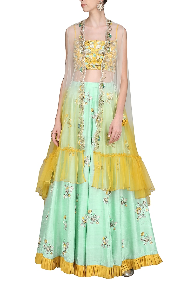 Mint green and yellow embroidered lehenga set available only at Pernia's Pop Up Shop.