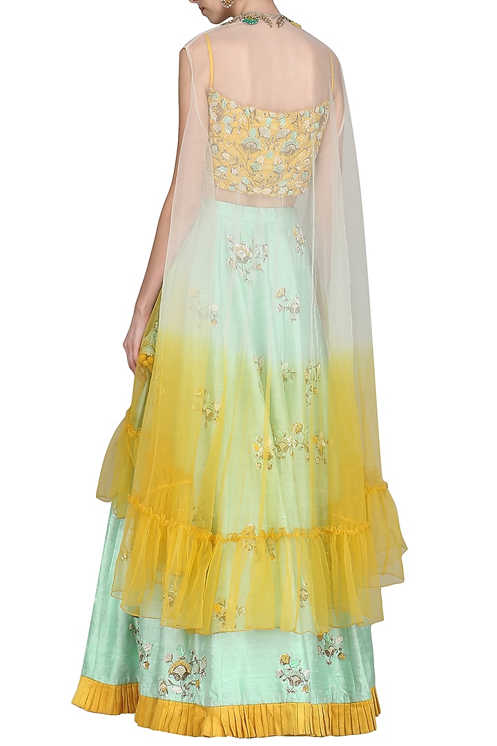Mint green and yellow embroidered lehenga set available only at Pernia's Pop Up Shop.