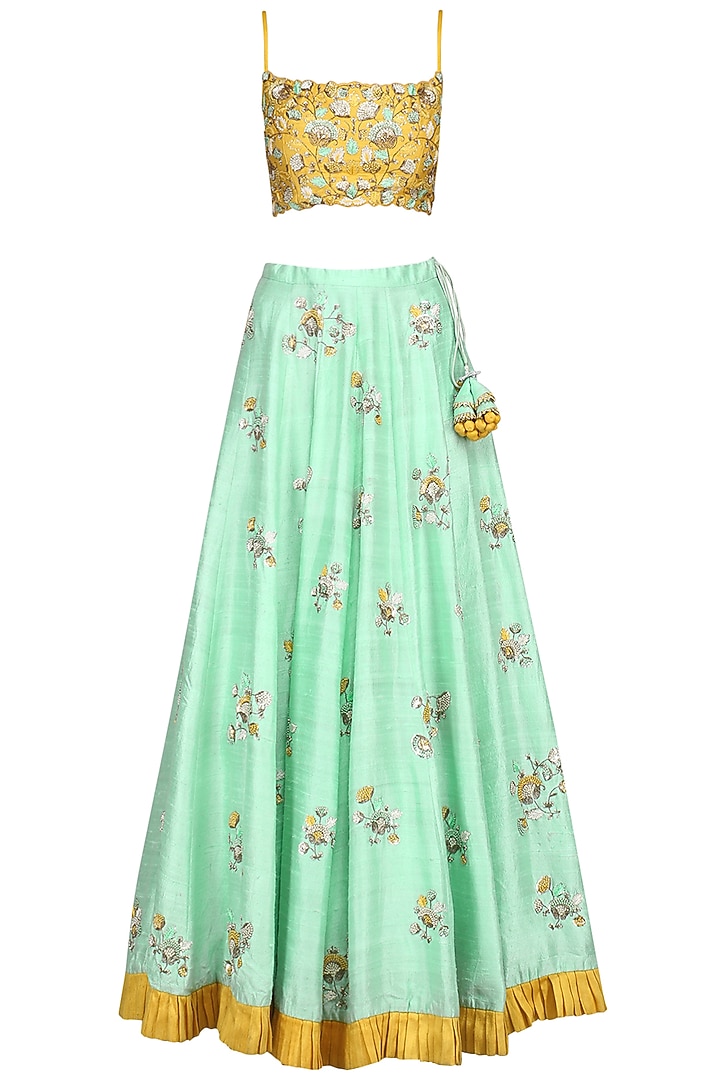 Mint green and yellow embroidered lehenga set available only at Pernia's Pop Up Shop.