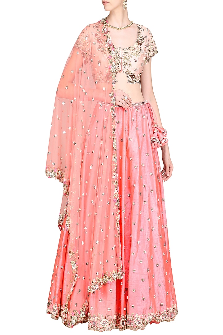 Pink hand embroidered lehenga set available only at Pernia's Pop Up Shop.