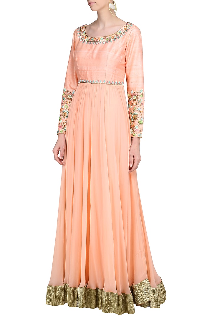 Peach and blue embroidered anarkali set available only at Pernia's Pop Up Shop.