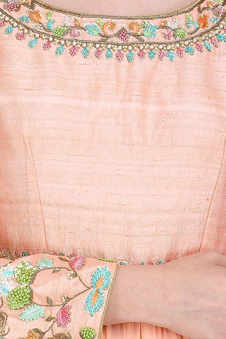 Peach and blue embroidered anarkali set available only at Pernia's Pop Up Shop.