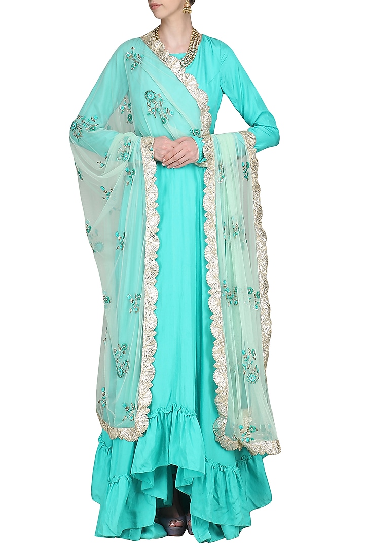 Blue high low anarkali set available only at Pernia's Pop Up Shop.