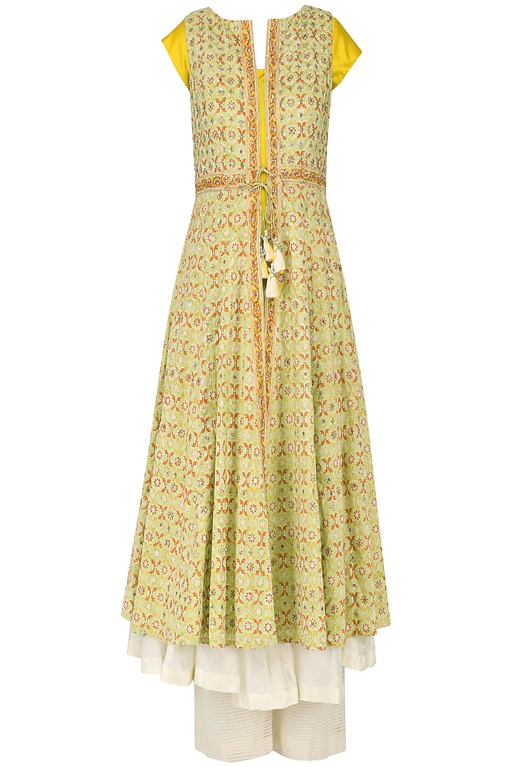 Yellow and white ombre anarkali with printed jacket and palazzo pants set available only at Pernia's Pop Up Shop.