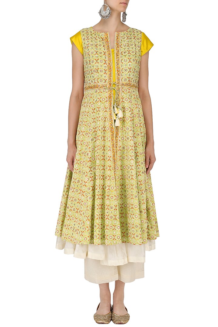 Yellow and white ombre anarkali with printed jacket and palazzo pants set available only at Pernia's Pop Up Shop.