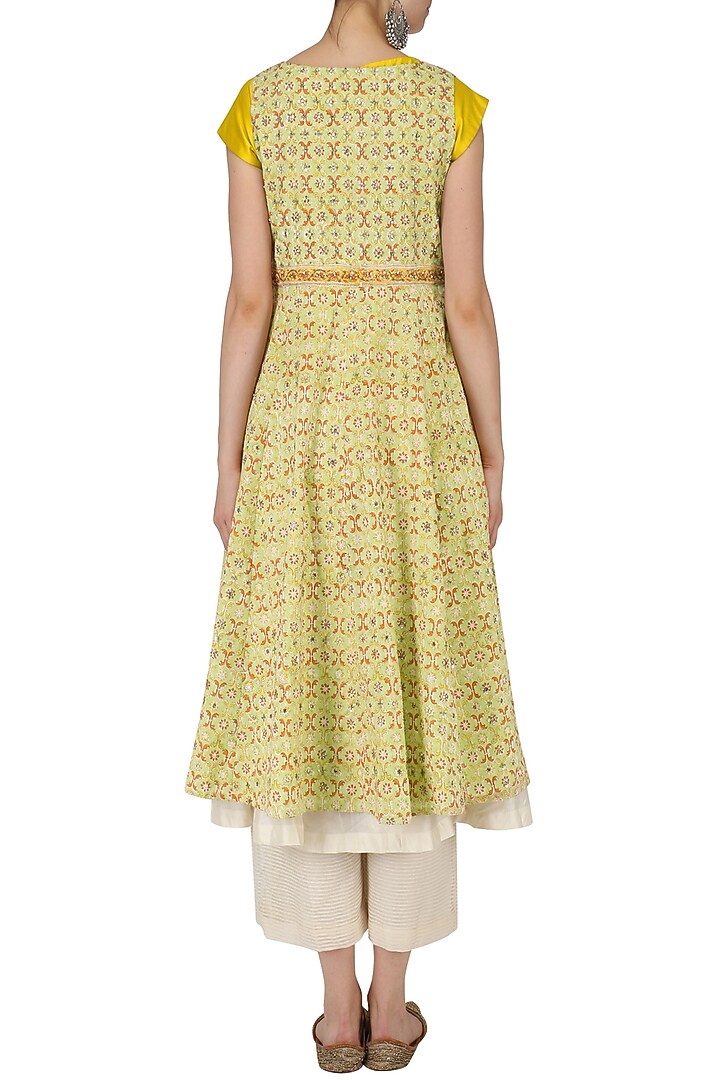 Yellow and white ombre anarkali with printed jacket and palazzo pants set available only at Pernia's Pop Up Shop.