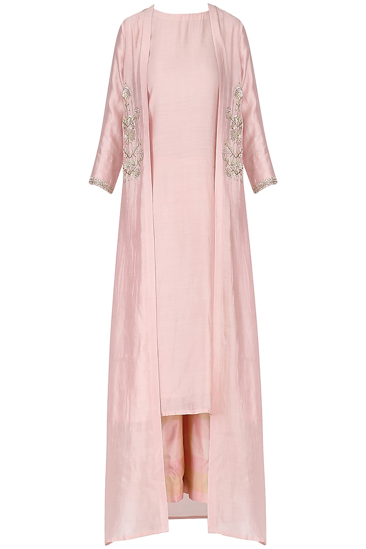 Pink kurta with palazzos and embroidered jacket set available only at Pernia's Pop Up Shop.