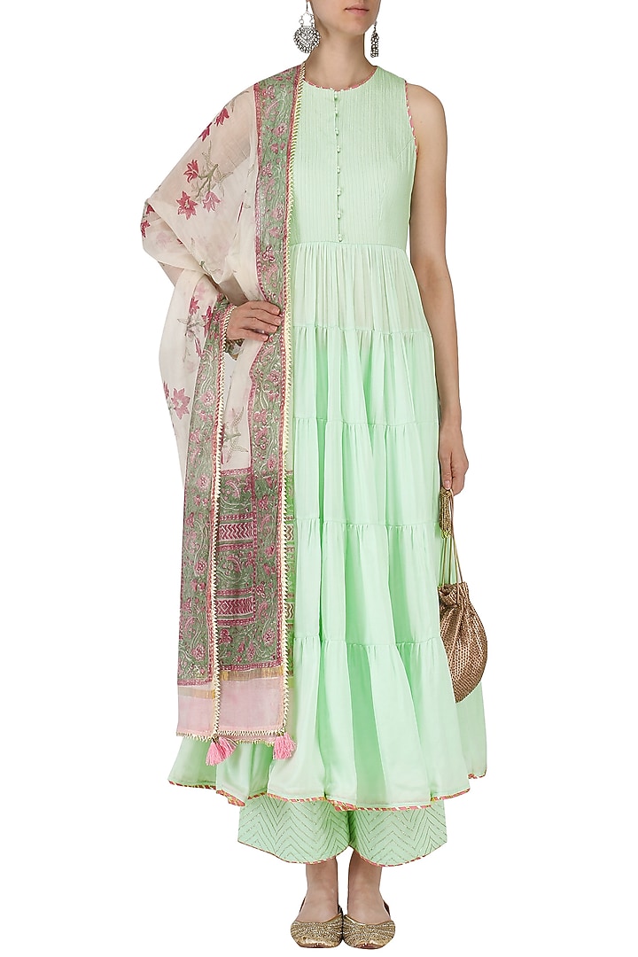Mint green tiered anarkali set available only at Pernia's Pop Up Shop.