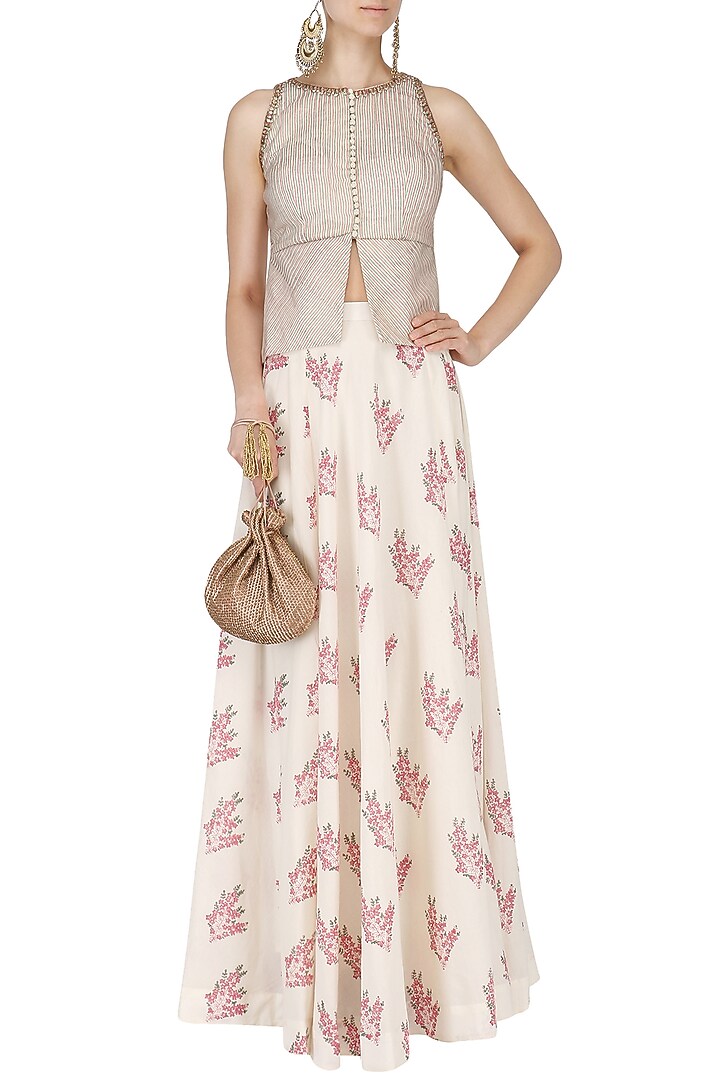 Ivory printed lehenga with beige embroidered jacket available only at Pernia's Pop Up Shop.