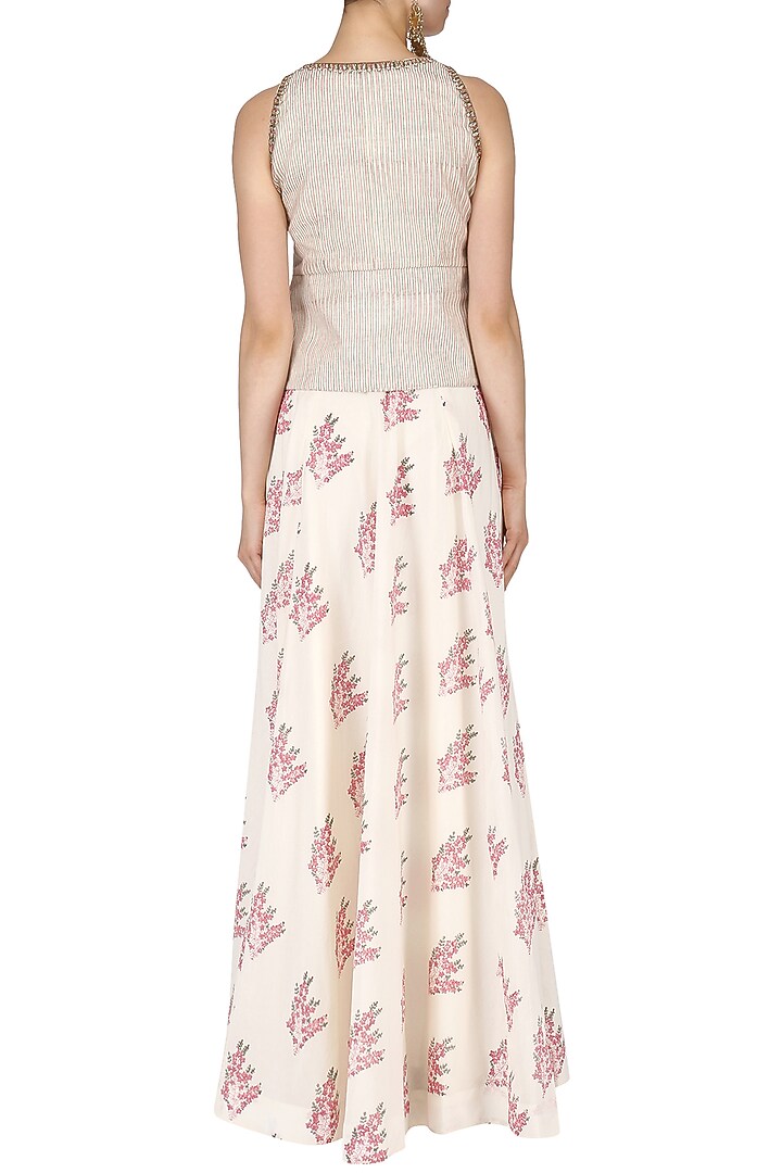 Ivory printed lehenga with beige embroidered jacket available only at Pernia's Pop Up Shop.