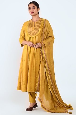Mustard Embroidered A-Line Kurta Set by Prashant Chouhan