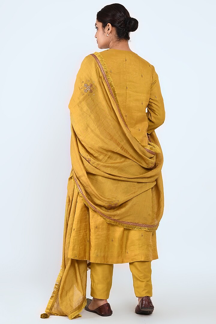 Mustard Embroidered A-Line Kurta Set by Prashant Chouhan at Pernia's Pop Up Shop