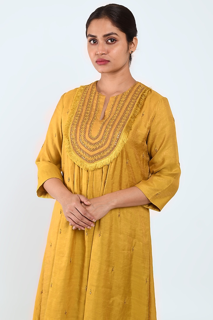 Mustard Embroidered A-Line Kurta Set by Prashant Chouhan at Pernia's Pop Up Shop