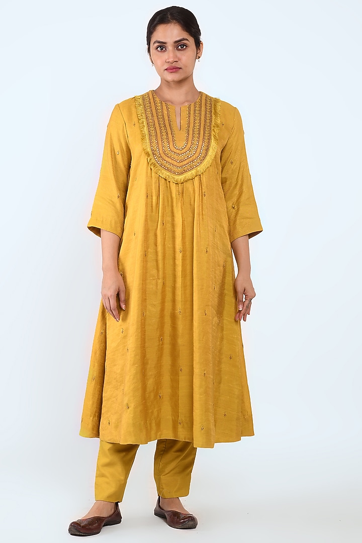 Mustard Embroidered A-Line Kurta Set by Prashant Chouhan at Pernia's Pop Up Shop