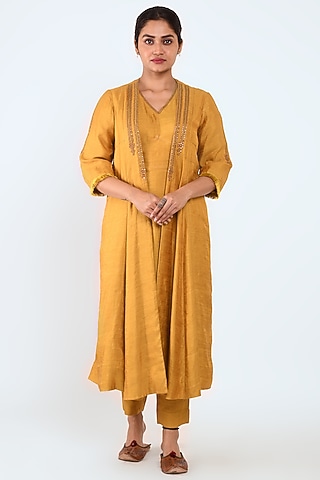 Mustard Embroidered Jacket Set by Prashant Chouhan
