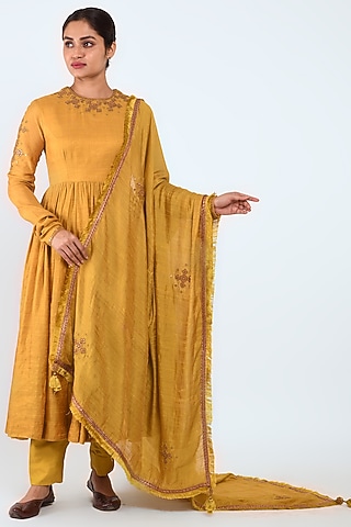 Mustard Embroidered Anarkali Set by Prashant Chouhan