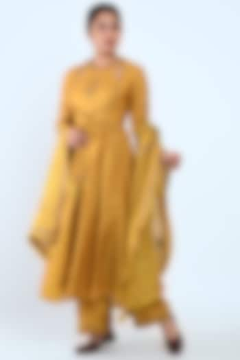 Mustard Embroidered Angrakha Anarkali Set by Prashant Chouhan at Pernia's Pop Up Shop