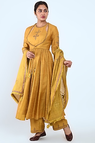 Mustard Embroidered Angrakha Anarkali Set by Prashant Chouhan