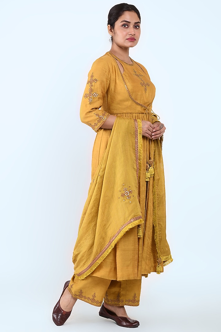 Mustard Embroidered Angrakha Wedding Anarkali Set by Prashant Chouhan at Pernia's Pop Up Shop