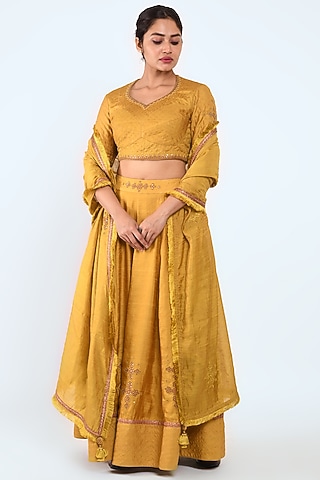 Mustard Embroidered Lehenga Set by Prashant Chouhan