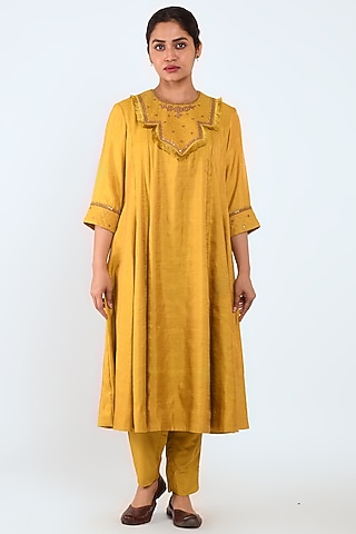 Mustard Spun Silk Kalidar Kurta Set by Prashant Chouhan