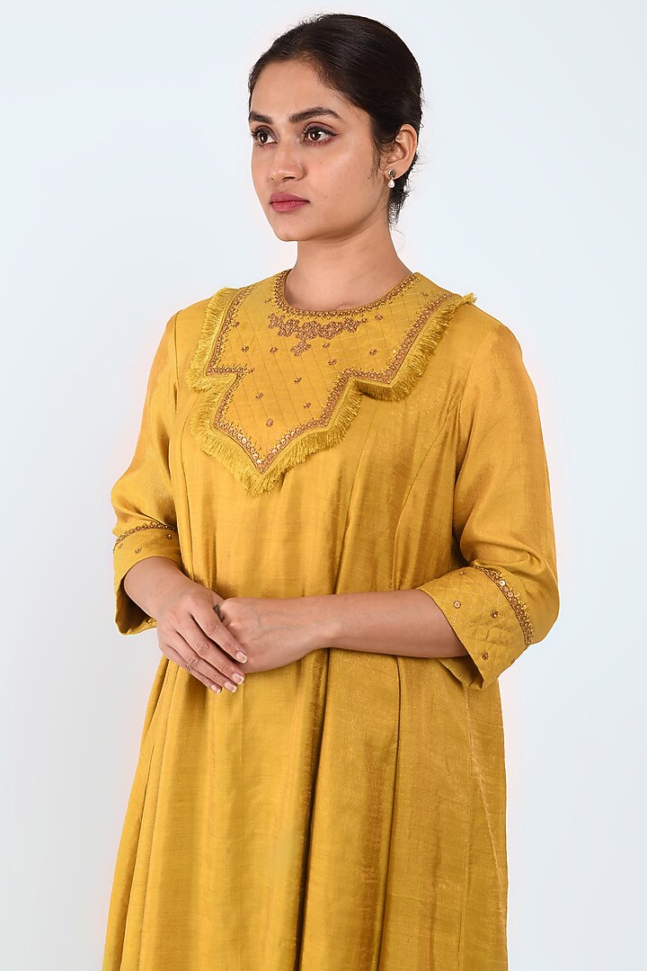 Mustard Spun Silk Kalidar Kurta Set by Prashant Chouhan at Pernia's Pop Up Shop