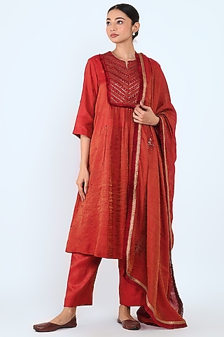 Maroon Embroidered A-Line Kurta Set by Prashant Chouhan