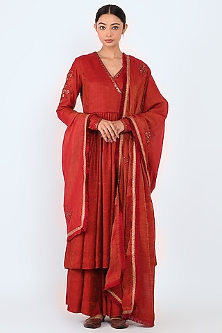 Maroon Embroidered Angrakha Anarkali Set by Prashant Chouhan