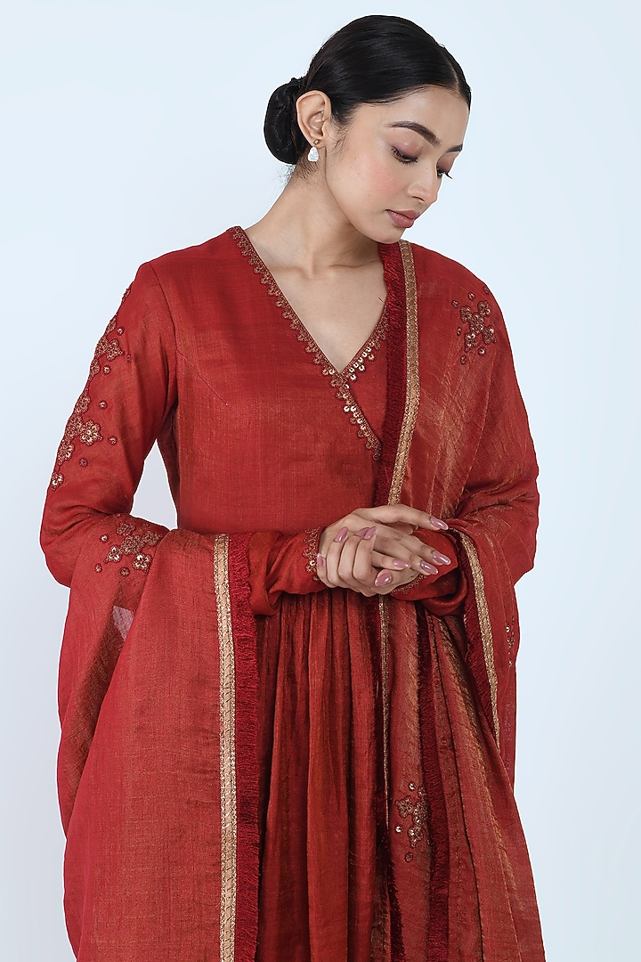 Maroon Embroidered Angrakha Wedding Anarkali Set by Prashant Chouhan at Pernia's Pop Up Shop
