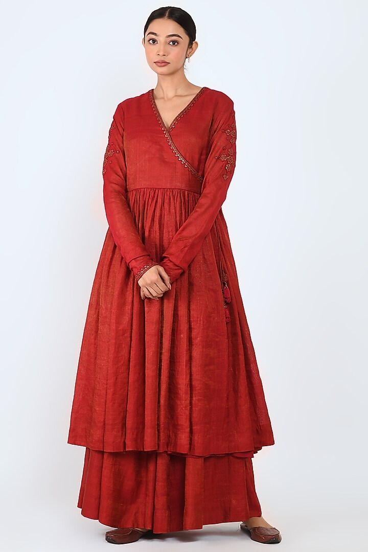 Maroon Embroidered Angrakha Wedding Anarkali Set by Prashant Chouhan at Pernia's Pop Up Shop
