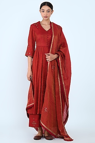 Maroon Embroidered Anarkali Set by Prashant Chouhan