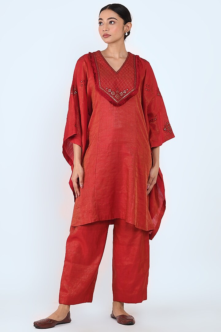 Maroon Embroidered Kaftan Set by Prashant Chouhan