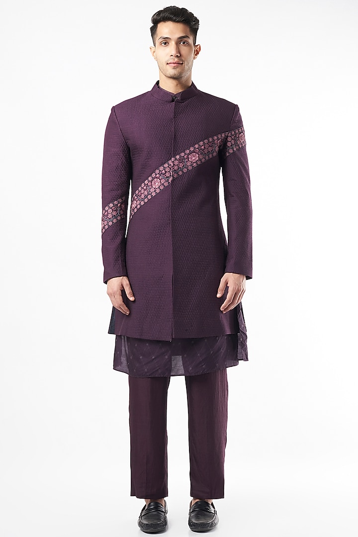Purple Silk Quilted Sherwani Set by Pinnacle By Shruti Sancheti Men