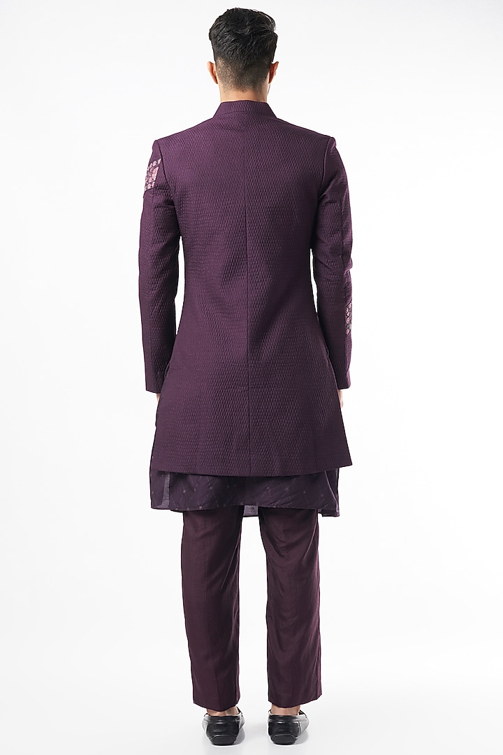 Purple Silk Quilted Wedding Sherwani Set by Pinnacle By Shruti Sancheti Men at Pernia's Pop Up Shop