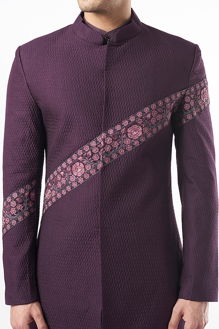 Purple Silk Quilted Wedding Sherwani Set by Pinnacle By Shruti Sancheti Men at Pernia's Pop Up Shop