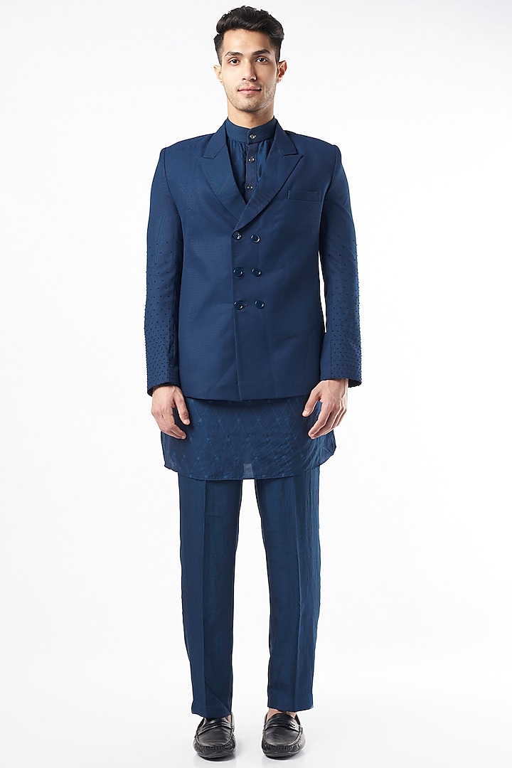 Blue Silk Twill Kurta Set by Pinnacle By Shruti Sancheti Men