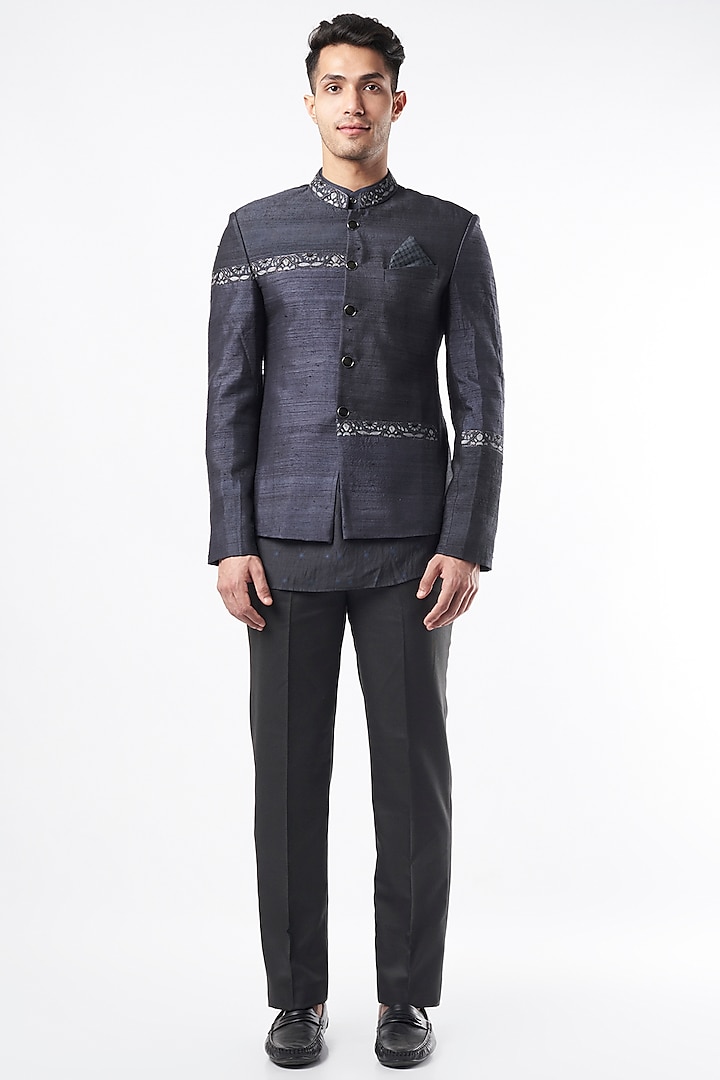 Charcoal Raw Silk Bandhgala Jacket Set by Pinnacle By Shruti Sancheti Men