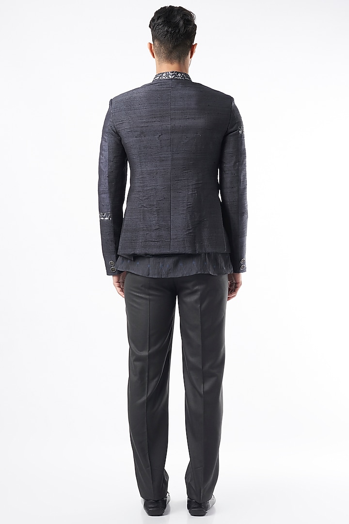 Charcoal Raw Silk Wedding Bandhgala Jacket Set by Pinnacle By Shruti Sancheti Men at Pernia's Pop Up Shop