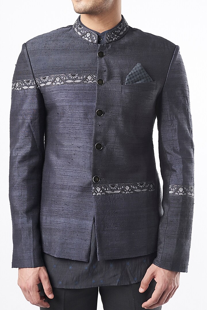 Charcoal Raw Silk Wedding Bandhgala Jacket Set by Pinnacle By Shruti Sancheti Men at Pernia's Pop Up Shop
