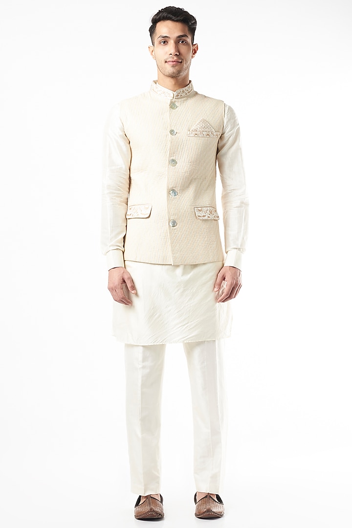 Ivory Silk Kurta Set With Koti by Pinnacle By Shruti Sancheti Men