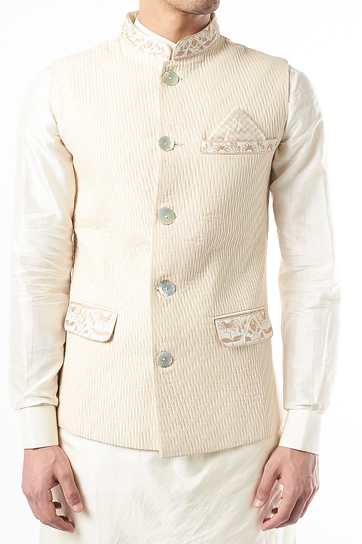 Ivory Silk Kurta Set With Koti by Pinnacle By Shruti Sancheti Men at Pernia's Pop Up Shop