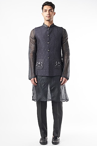 Charcoal Silk Kurta Set With Koti by Pinnacle By Shruti Sancheti Men