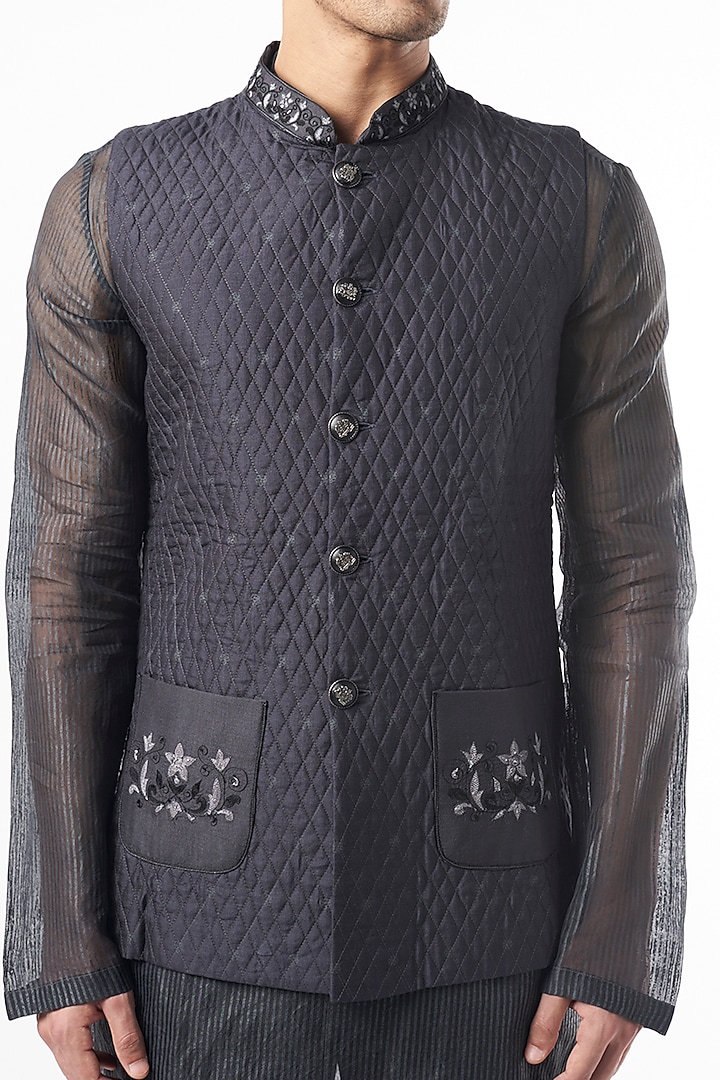 Charcoal Silk Kurta Set With Koti by Pinnacle By Shruti Sancheti Men at Pernia's Pop Up Shop