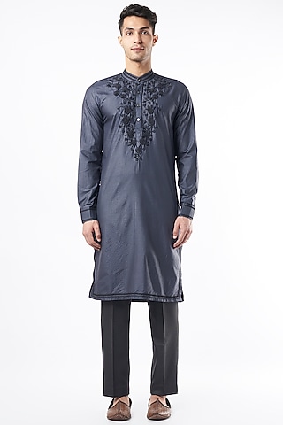 Charcoal Silk Embroidered Kurta Set by Pinnacle By Shruti Sancheti Men